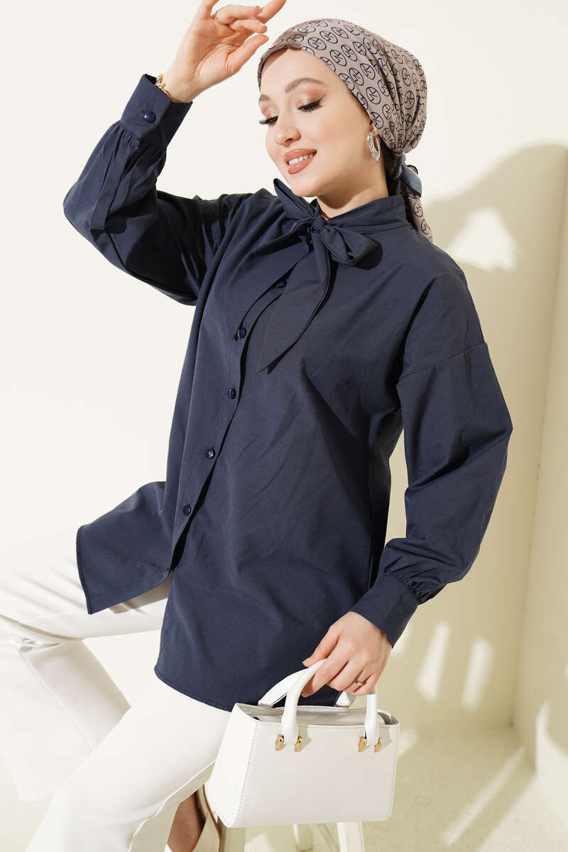 Shirt with Tie Collar Detail - Navy