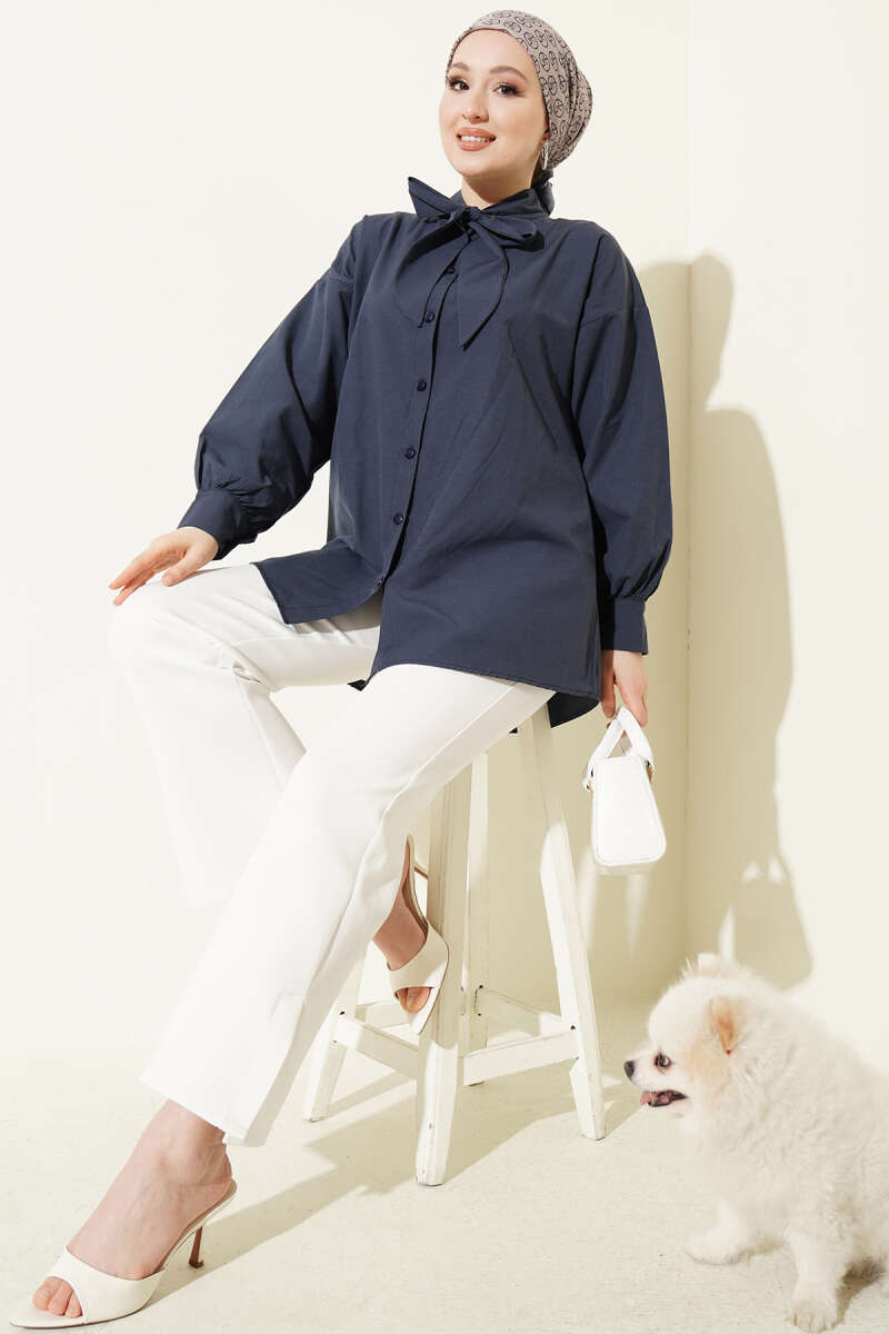 Shirt with Tie Collar Detail - Navy