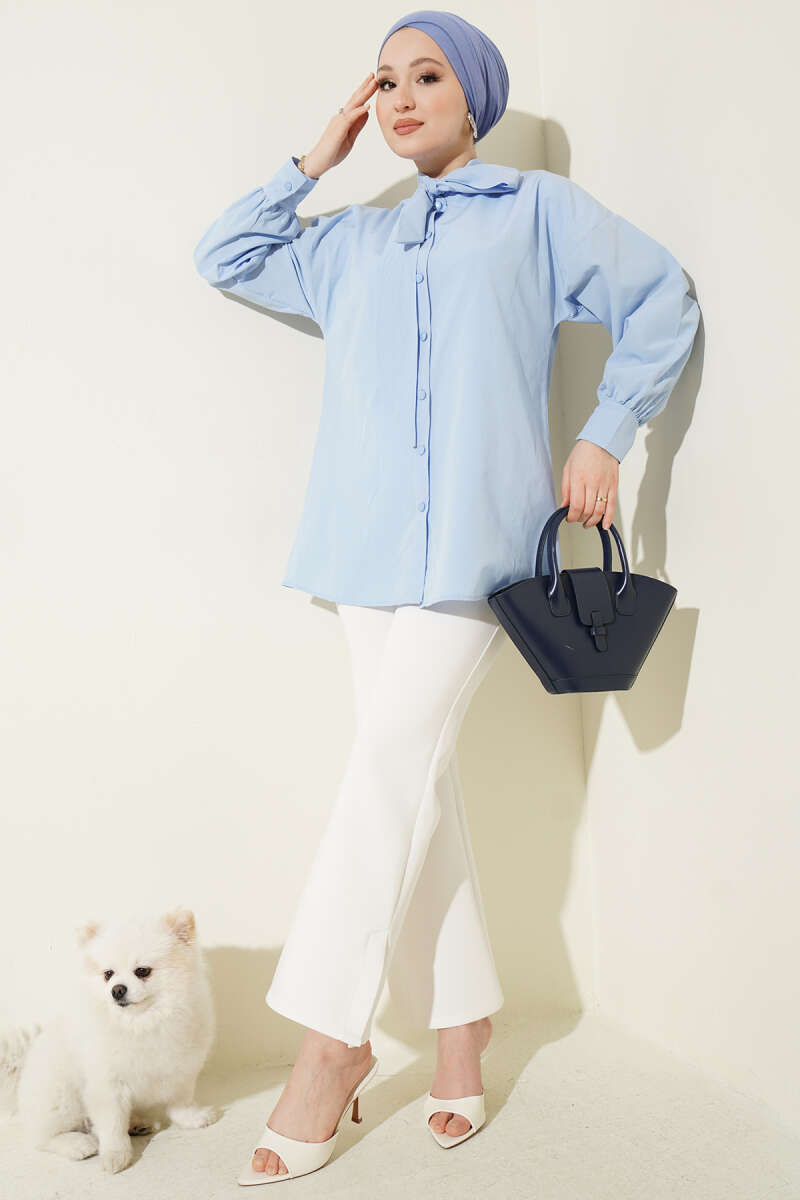Shirt with Tie Collar Detail - Blue