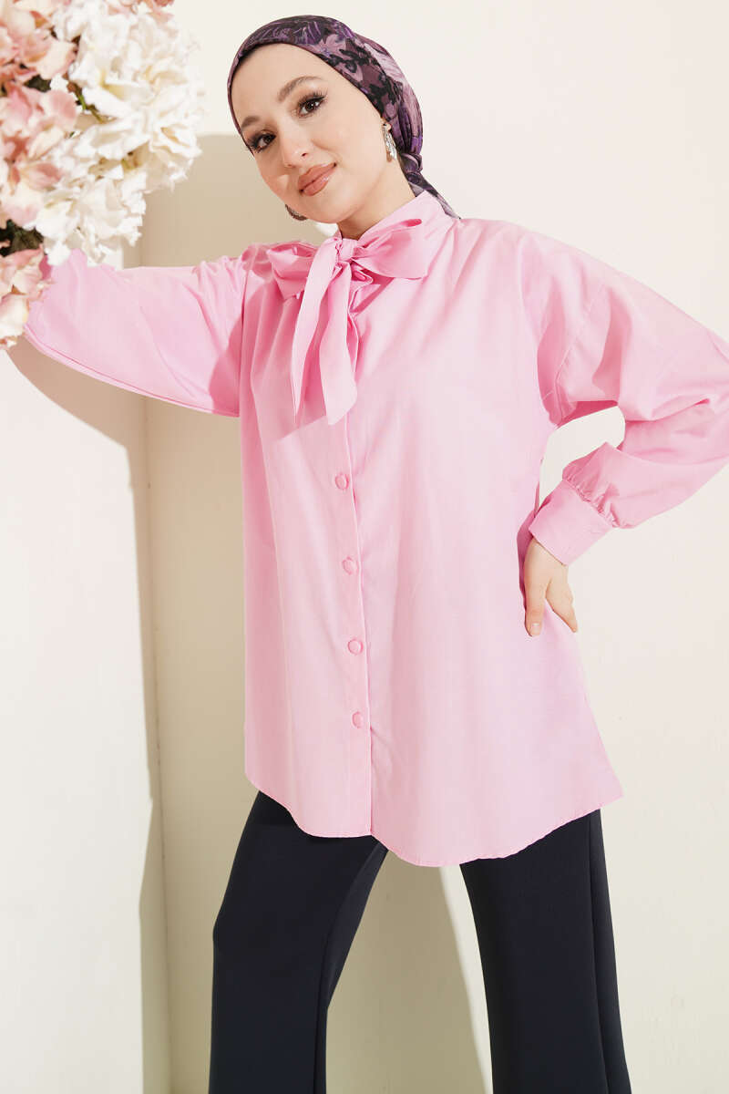 Shirt with Tie Collar Detail - Pink