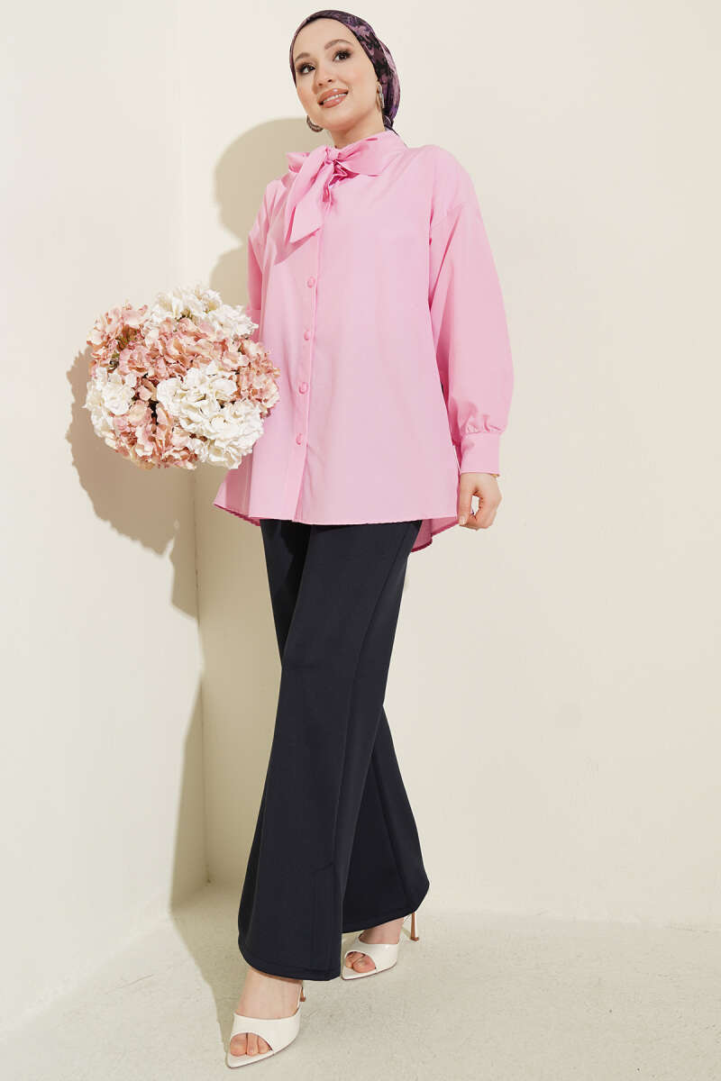 Shirt with Tie Collar Detail - Pink