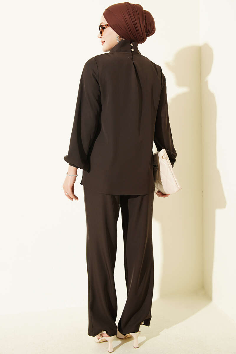Two-Piece Set with Tie Collar - Dark Brown