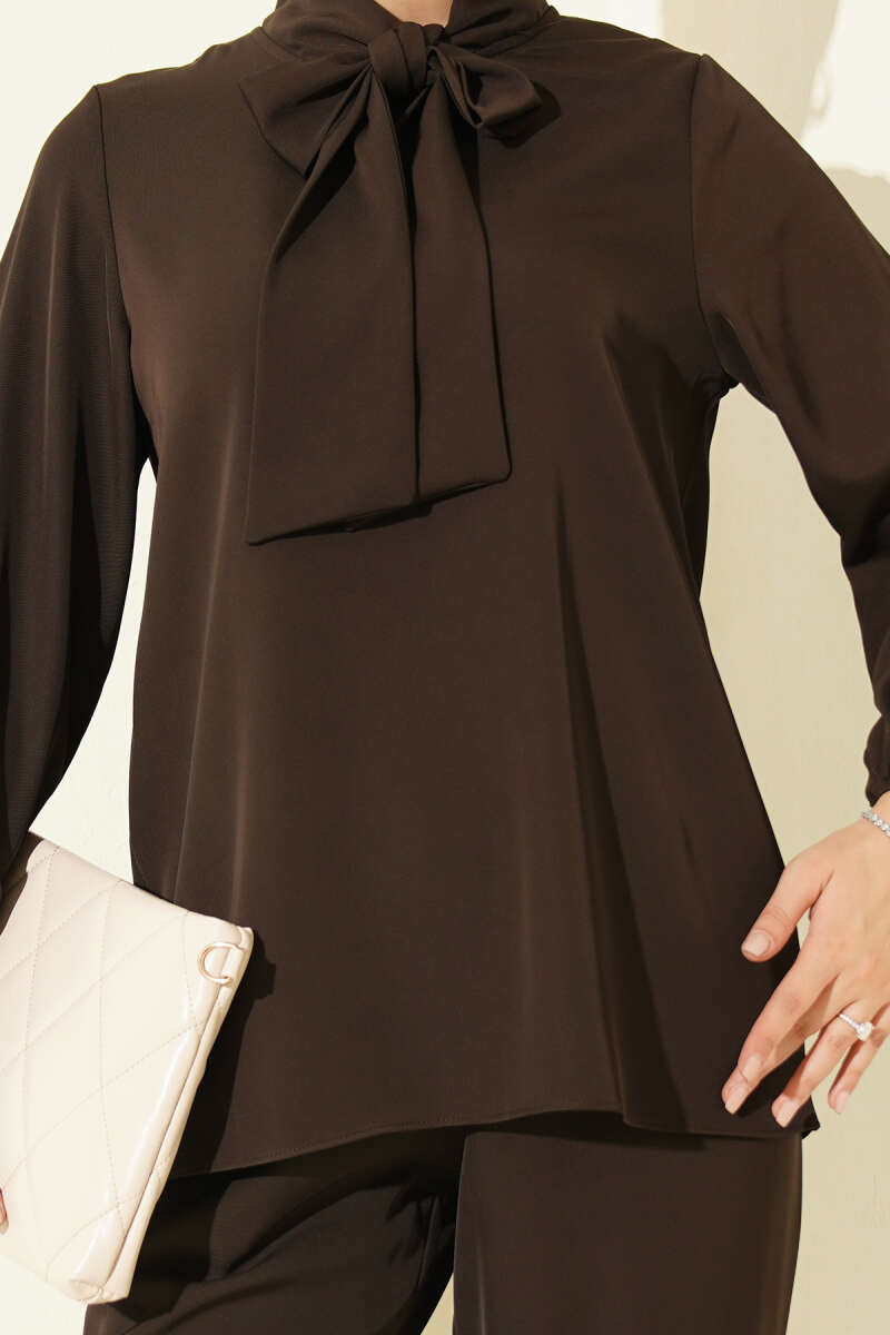 Two-Piece Set with Tie Collar - Dark Brown