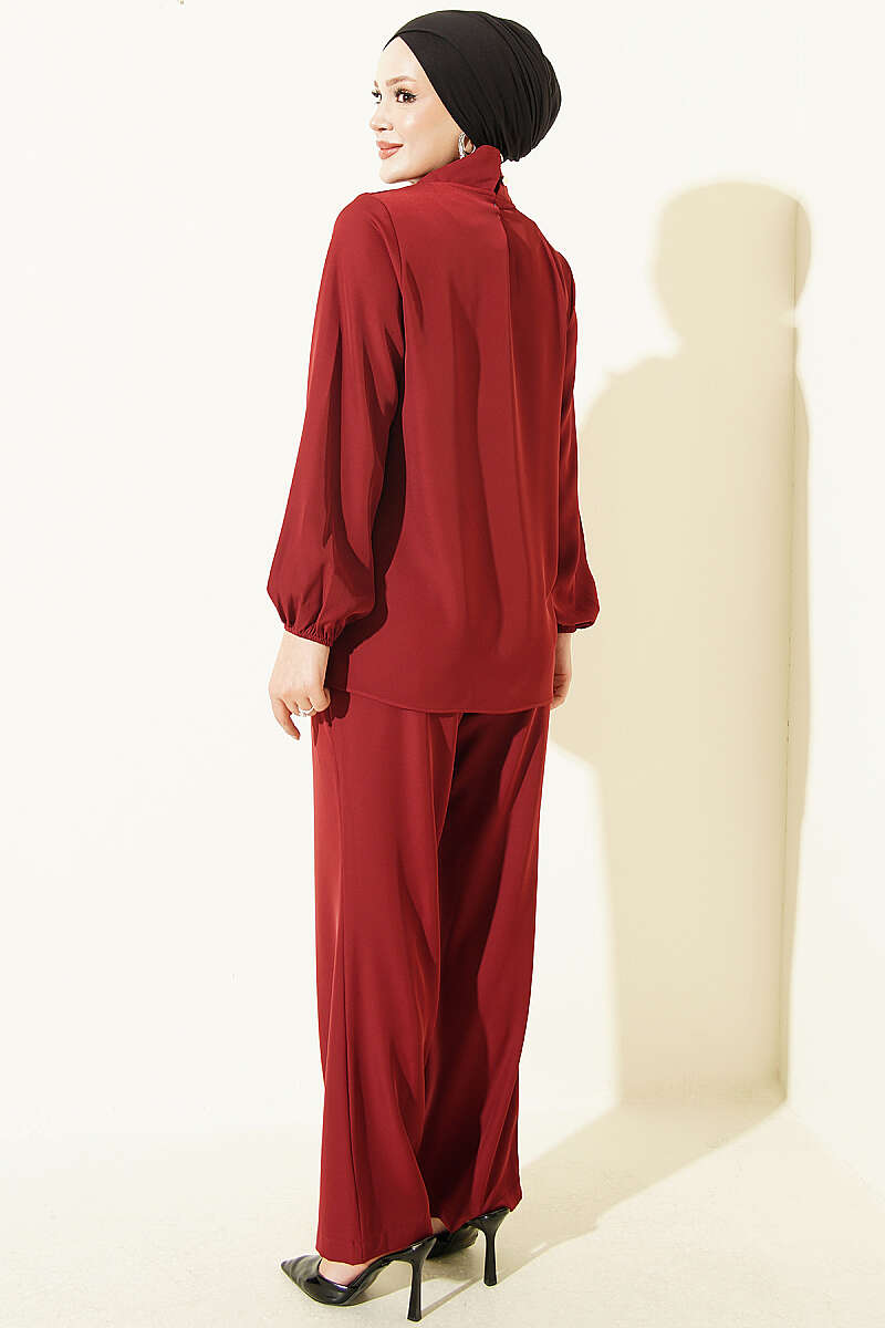 Two-Piece Set with Tie Collar - Burgundy