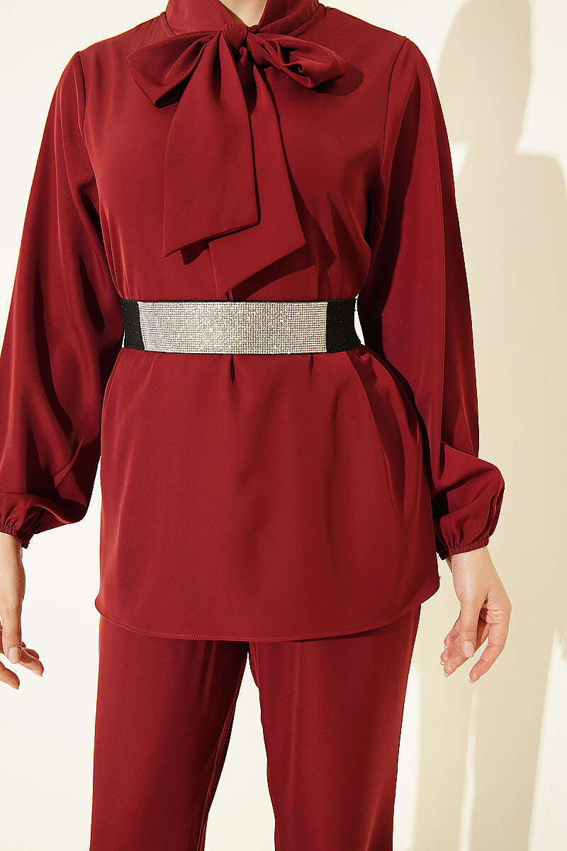 Two-Piece Set with Tie Collar - Burgundy