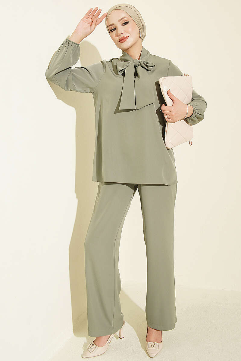 Two-Piece Set with Tie Collar - Almond Green