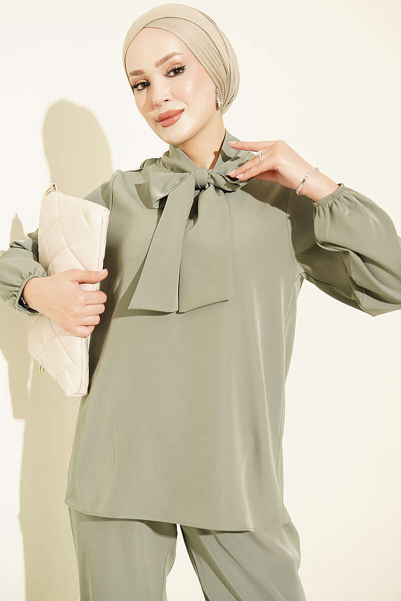 Two-Piece Set with Tie Collar - Almond Green