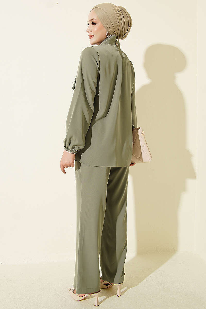 Two-Piece Set with Tie Collar - Almond Green