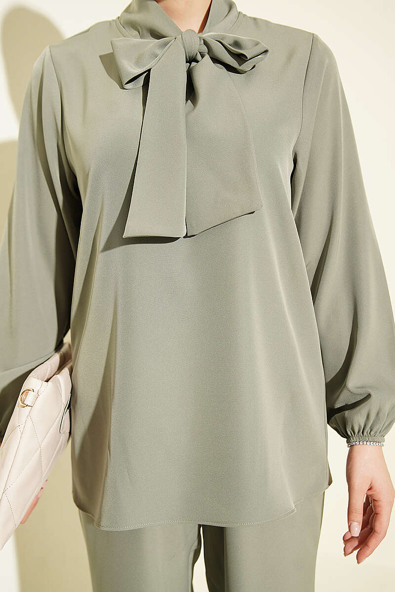 Two-Piece Set with Tie Collar - Almond Green