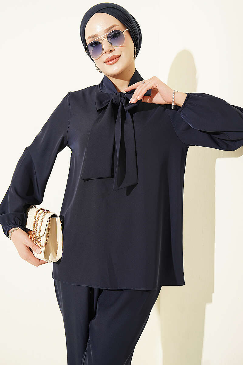 Two-Piece Set with Tie Collar - Navy
