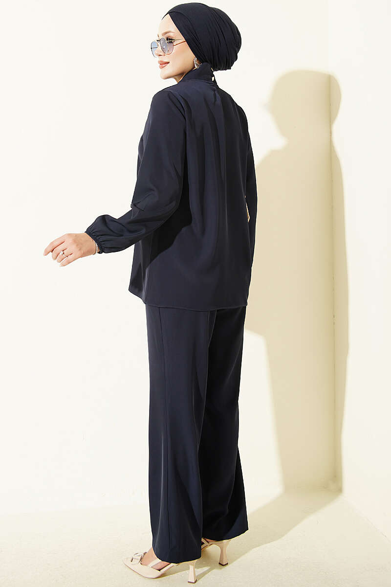 Two-Piece Set with Tie Collar - Navy