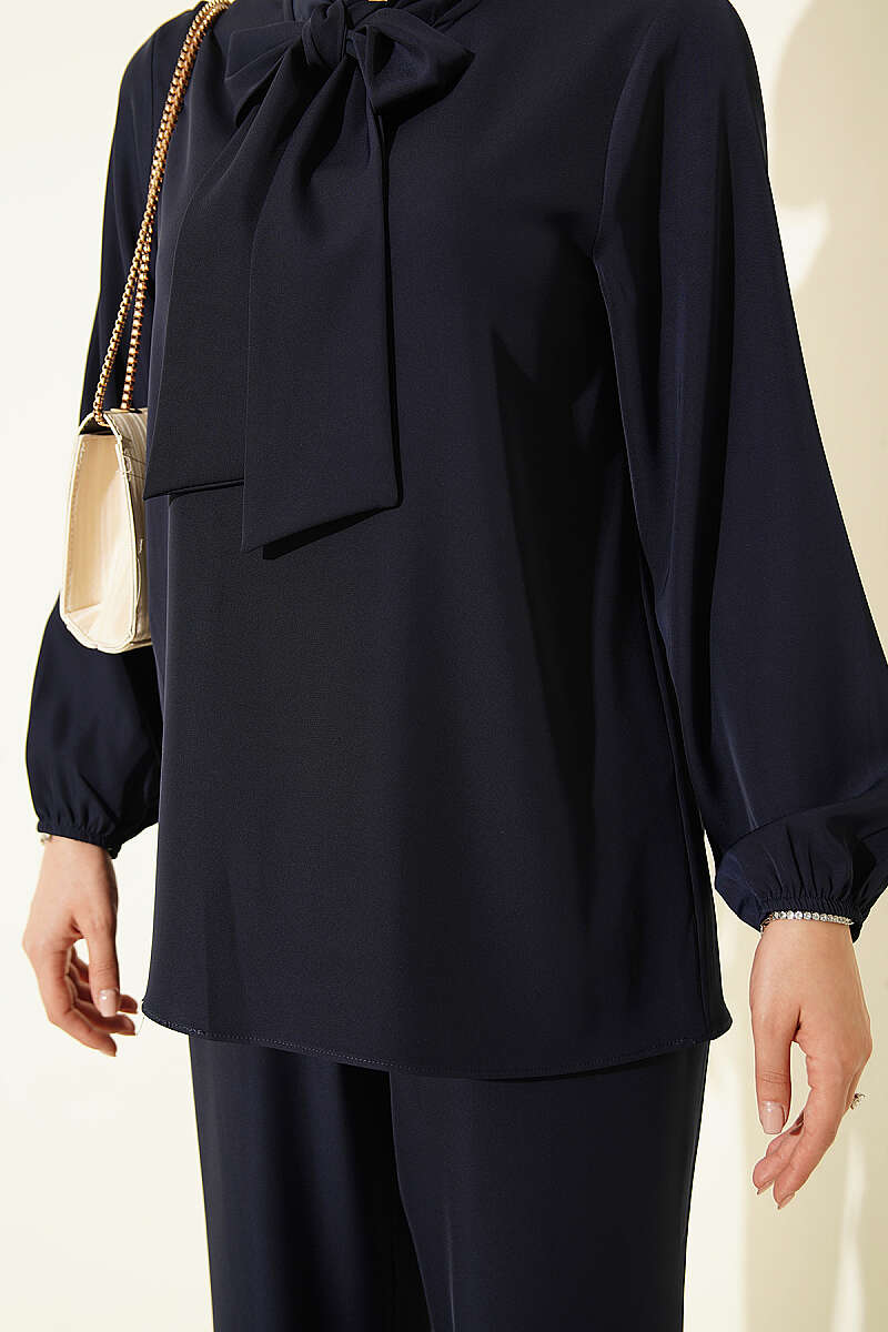 Two-Piece Set with Tie Collar - Navy