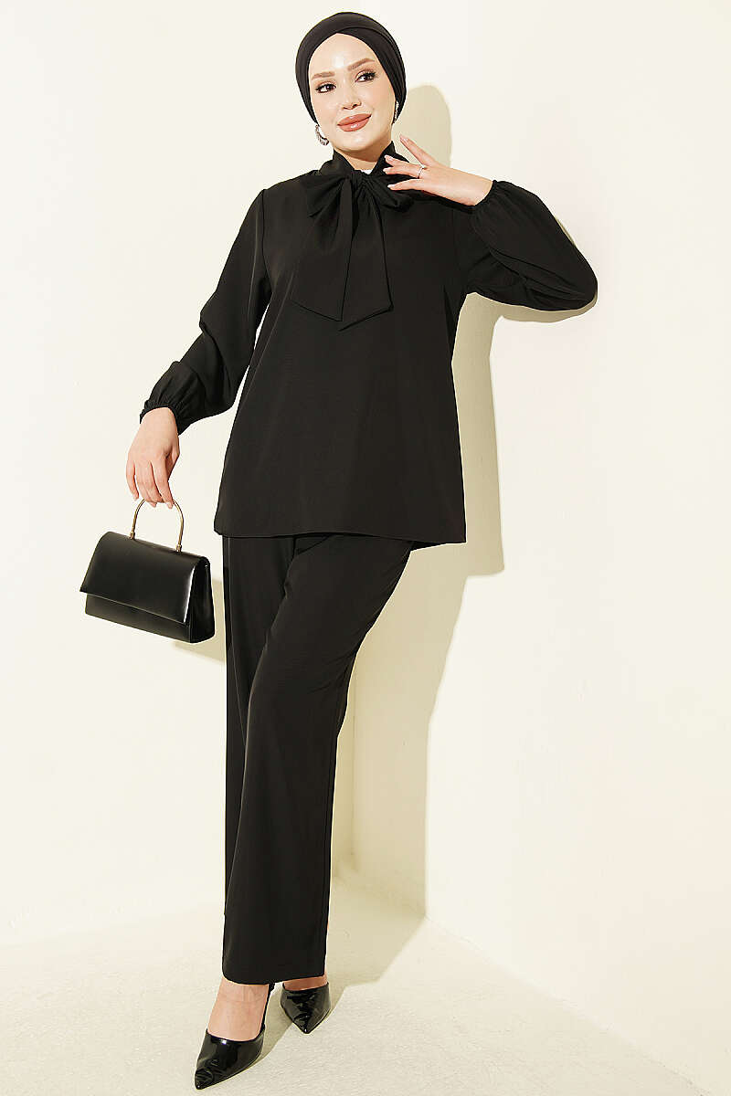 Two-Piece Set with Tie Collar - Black