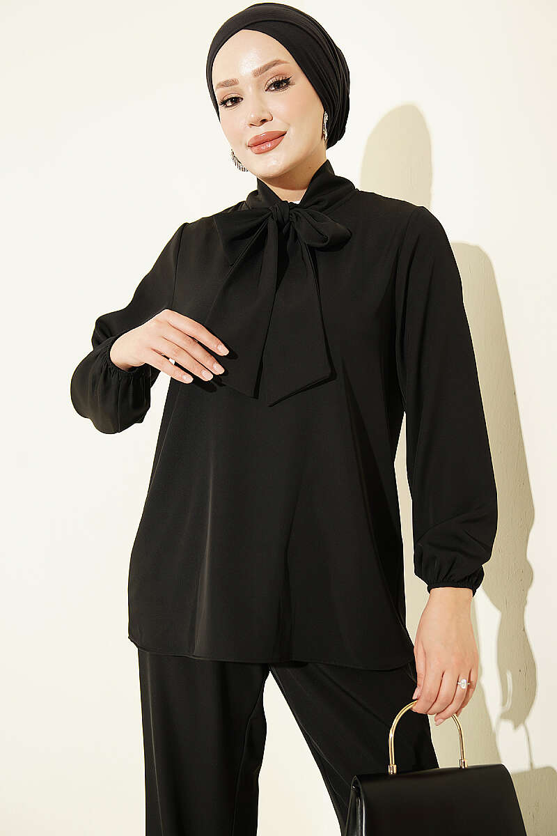Two-Piece Set with Tie Collar - Black