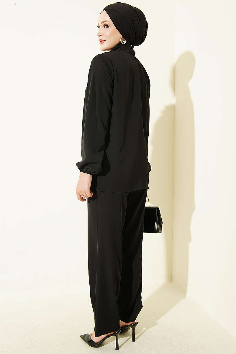 Two-Piece Set with Tie Collar - Black