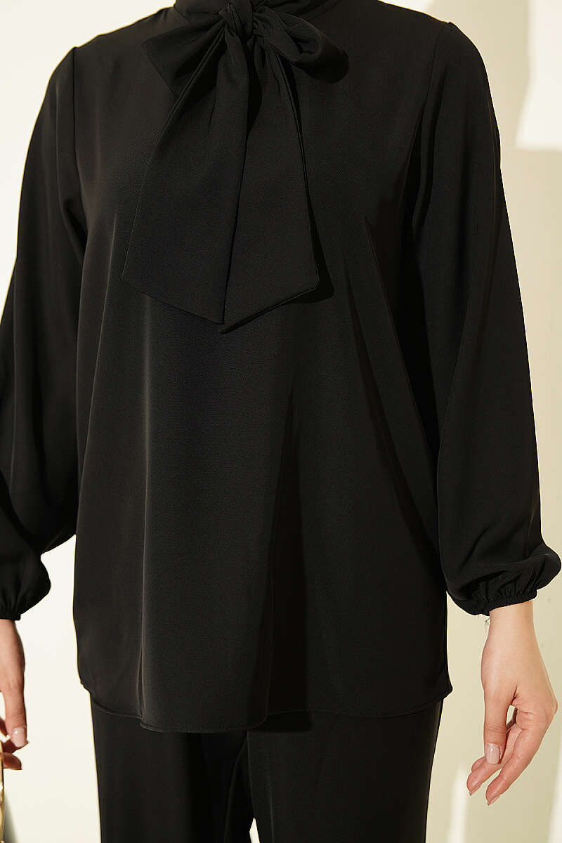 Two-Piece Set with Tie Collar - Black