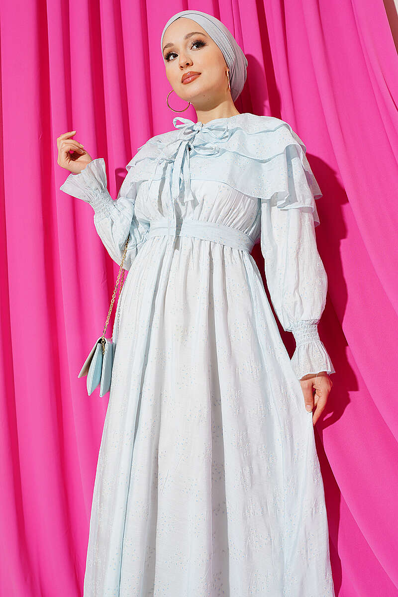 Tiered Dress with Tie Collar - Light Blue