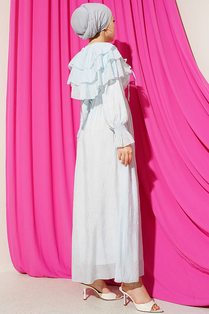 Tiered Dress with Tie Collar - Light Blue
