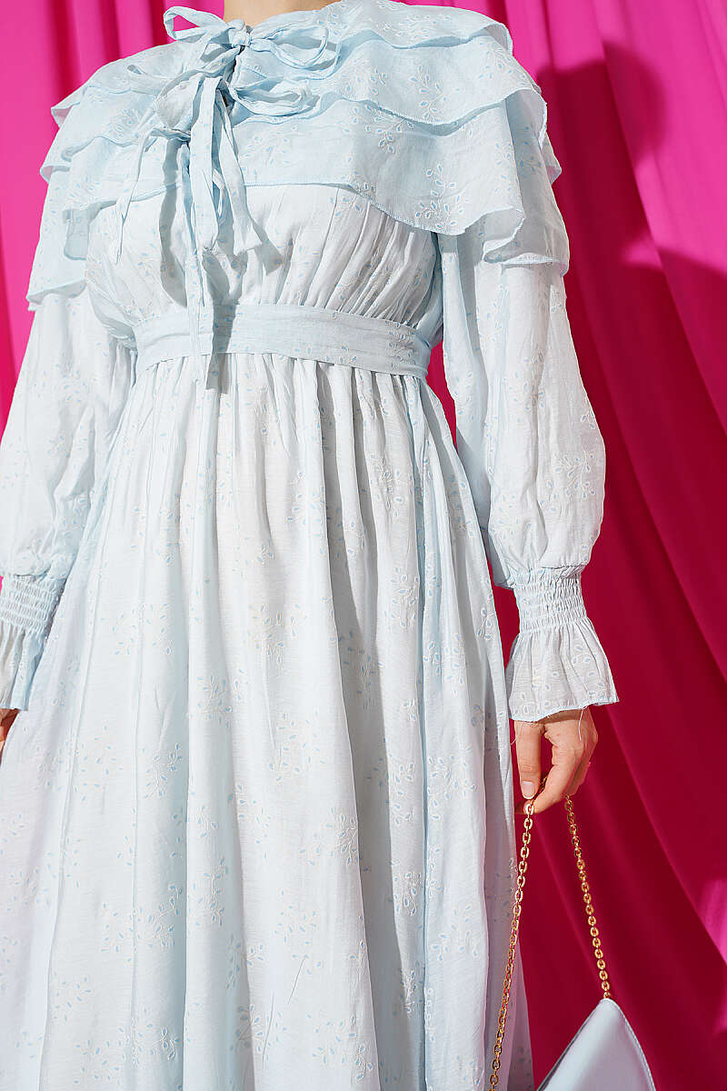 Tiered Dress with Tie Collar - Light Blue