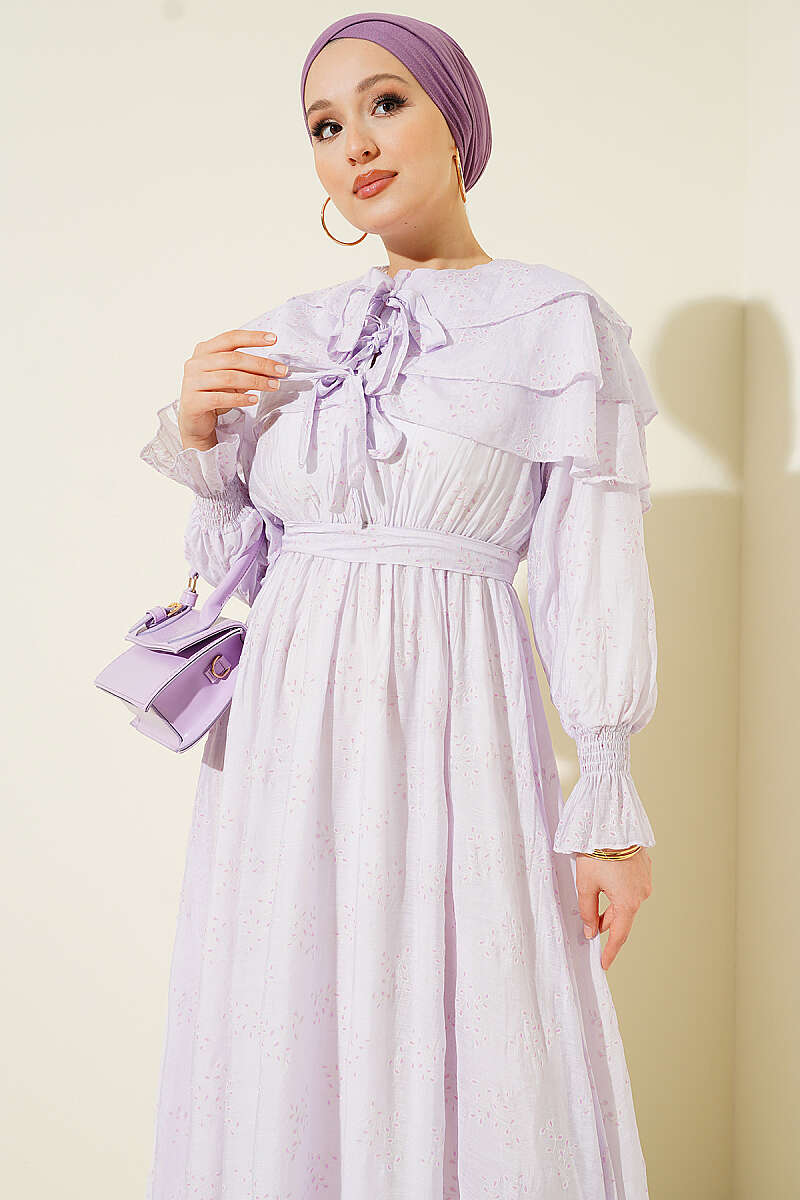 Tiered Dress with Tie Collar - Lilac