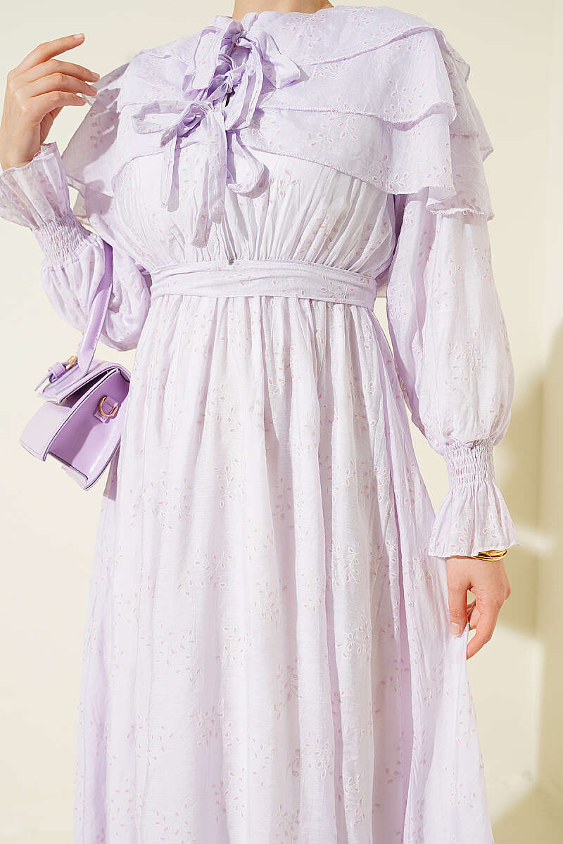 Tiered Dress with Tie Collar - Lilac