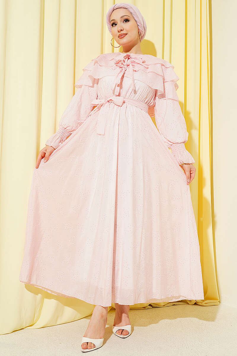 Tiered Dress with Tie Collar - Pink