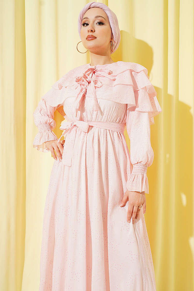 Tiered Dress with Tie Collar - Pink