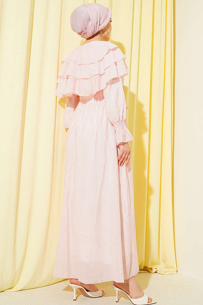 Tiered Dress with Tie Collar - Pink