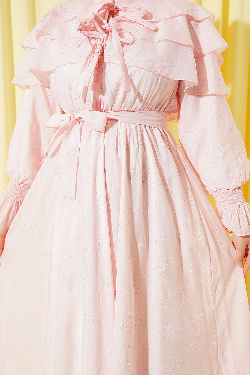 Tiered Dress with Tie Collar - Pink