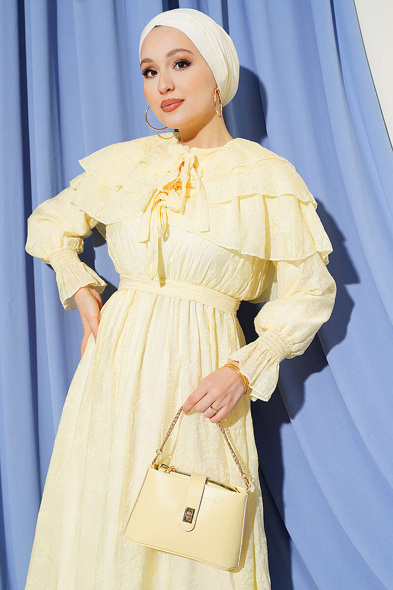 Tiered Dress with Tie Collar - Yellow