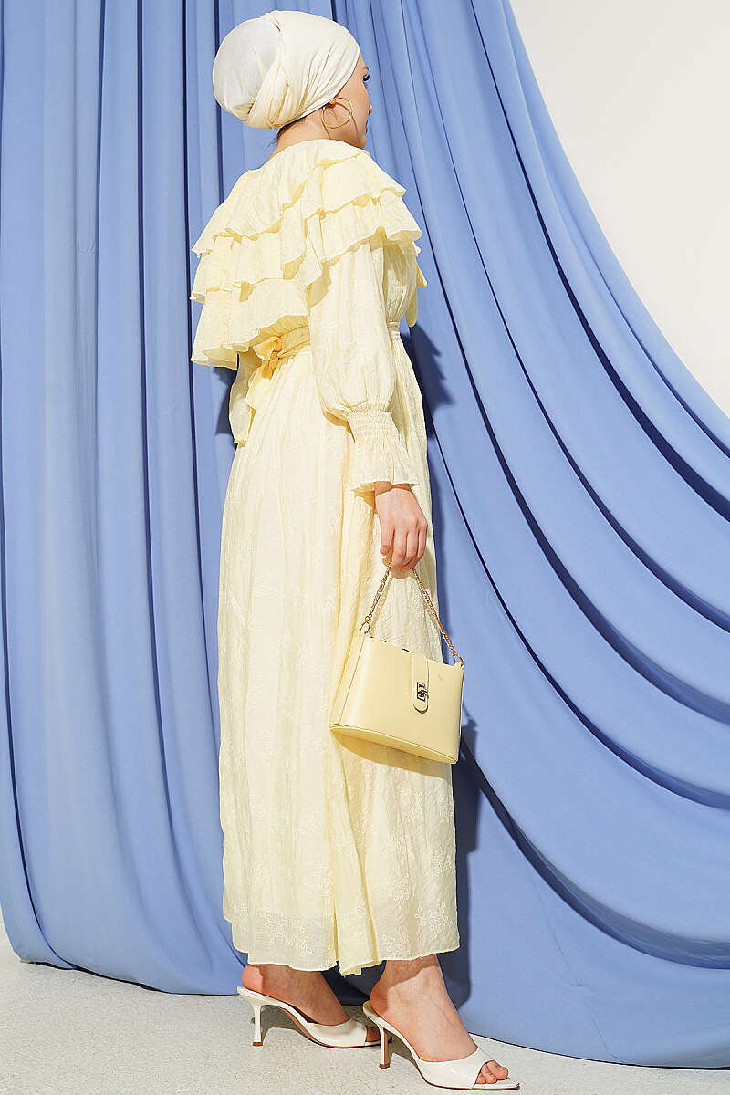 Tiered Dress with Tie Collar - Yellow