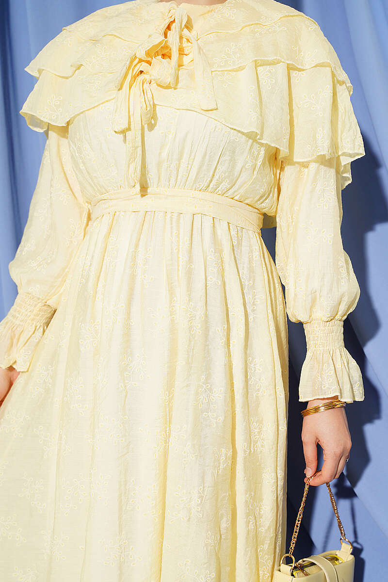 Tiered Dress with Tie Collar - Yellow