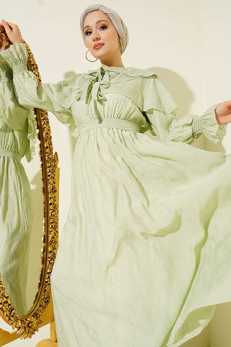 Tiered Dress with Tie Collar - Aqua Green