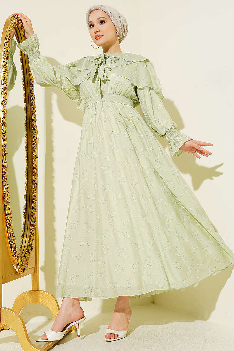 Tiered Dress with Tie Collar - Aqua Green
