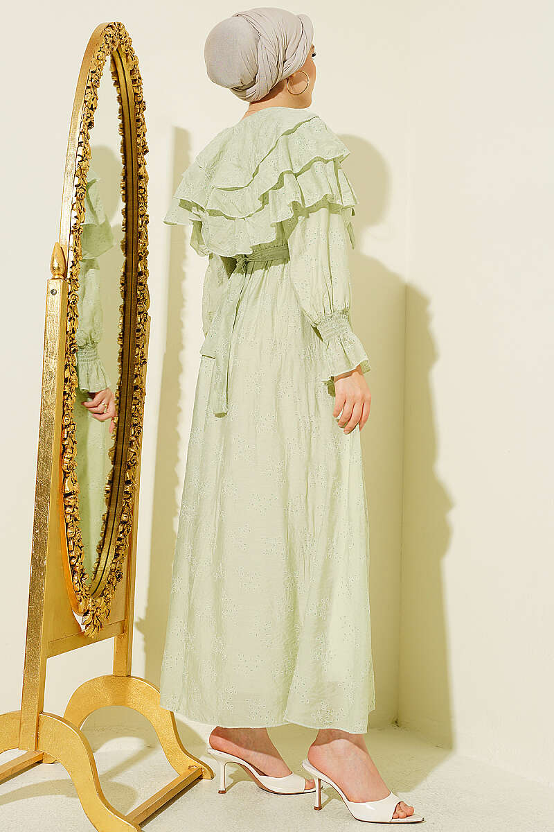 Tiered Dress with Tie Collar - Aqua Green
