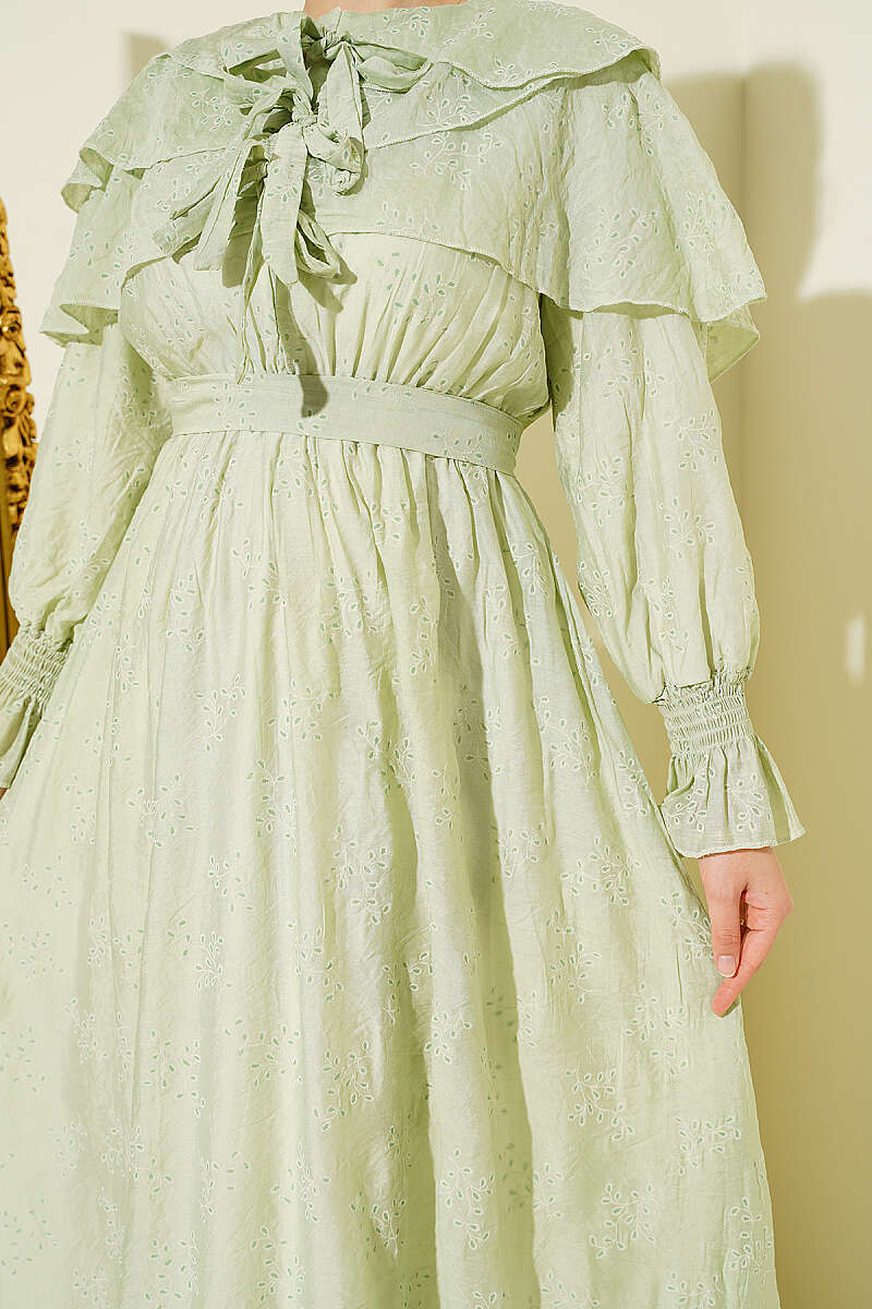 Tiered Dress with Tie Collar - Aqua Green