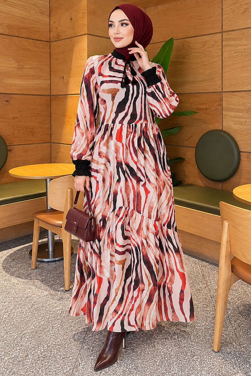 Tie-Neck Dress with Ruffled Cuffs - Dusty Rose