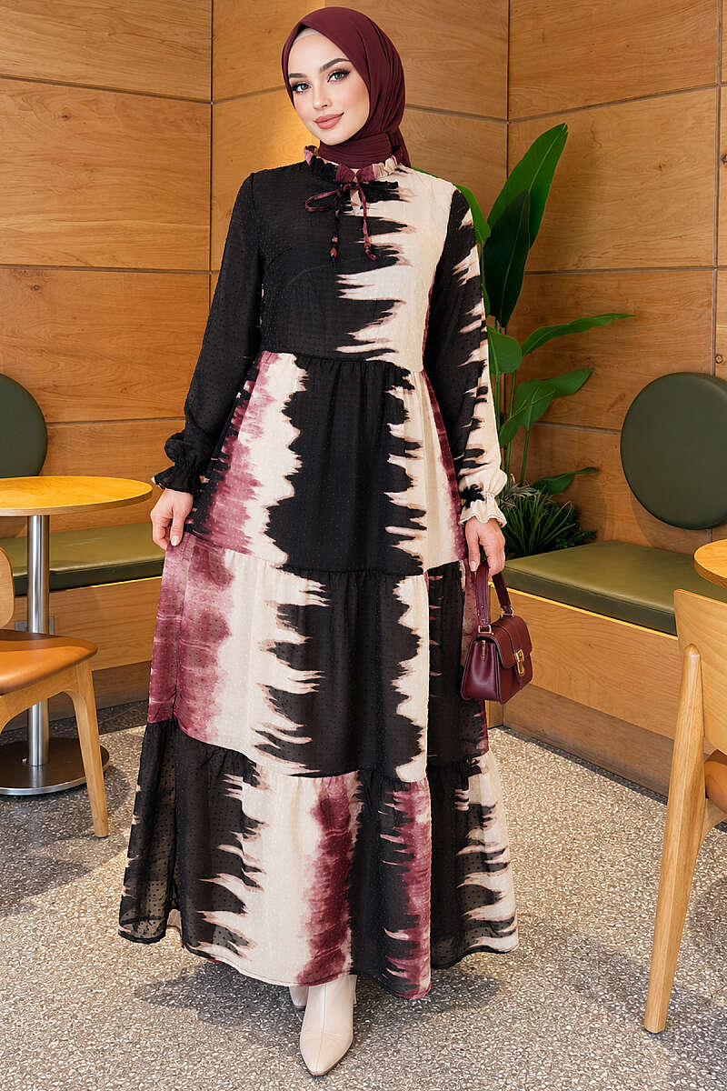 Patterned Dress with Tie Neck - Dusty Rose