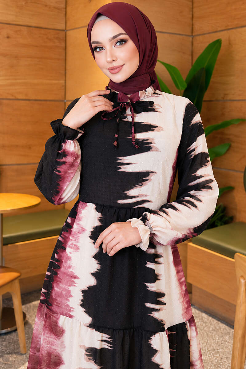 Patterned Dress with Tie Neck - Dusty Rose