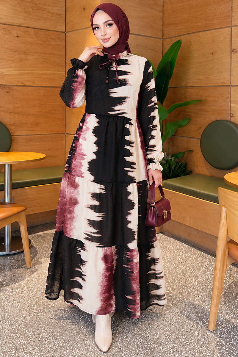 Patterned Dress with Tie Neck - Dusty Rose