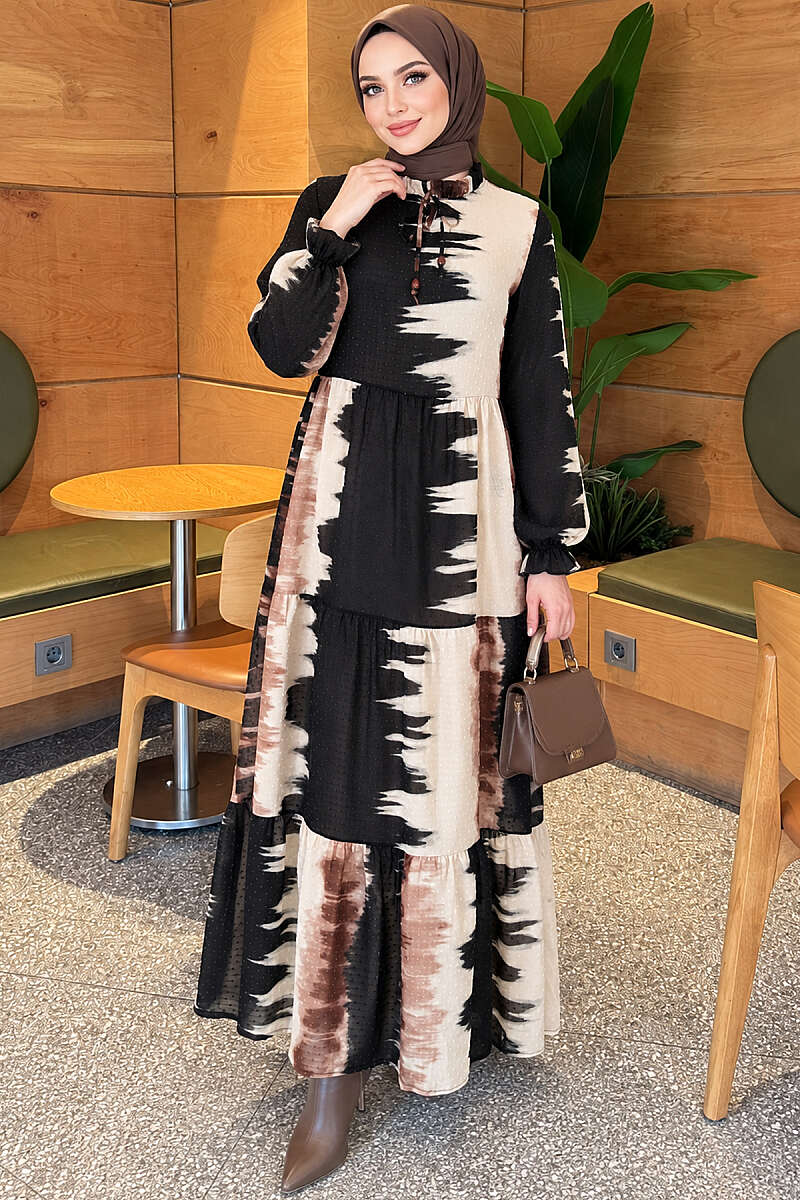 Patterned Dress with Tie Neck - Brown