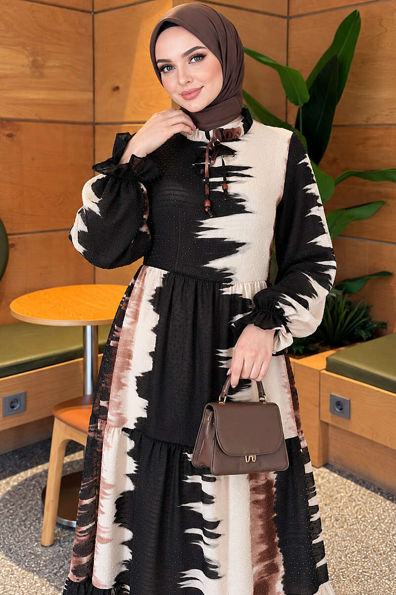 Patterned Dress with Tie Neck - Brown