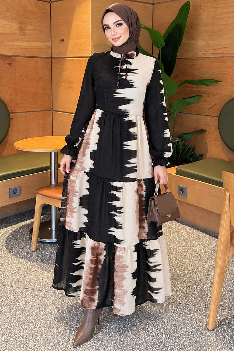 Patterned Dress with Tie Neck - Brown