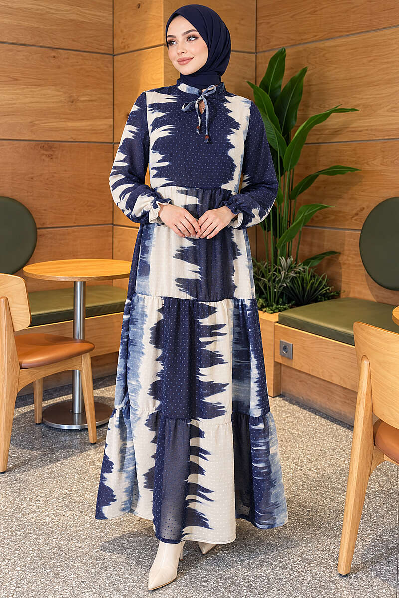 Patterned Dress with Tie Neck - Navy