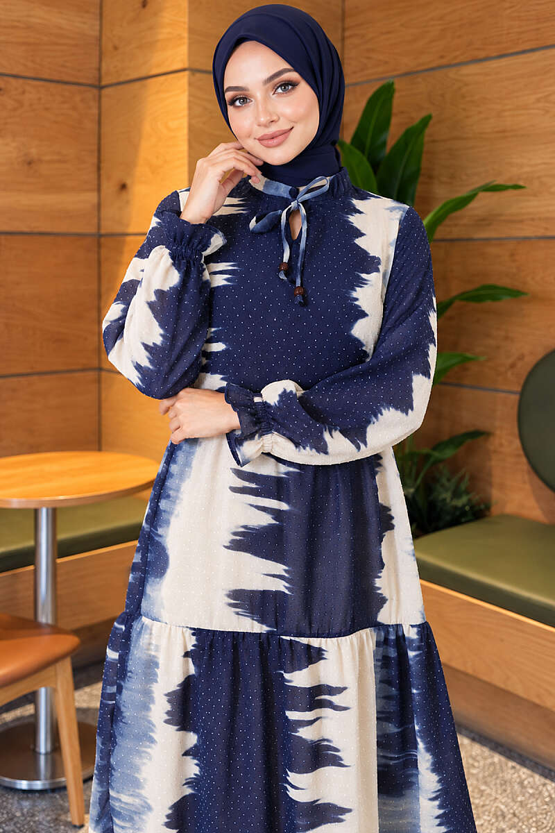 Patterned Dress with Tie Neck - Navy