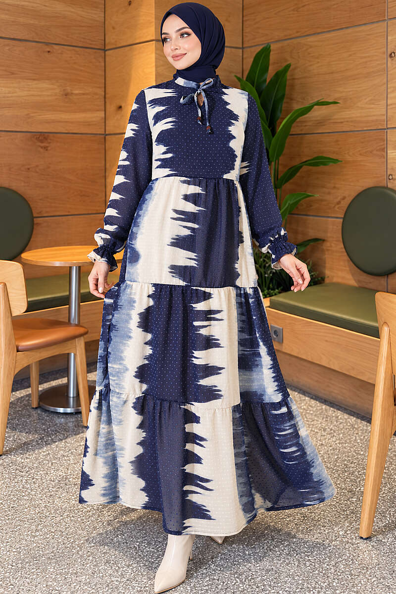 Patterned Dress with Tie Neck - Navy