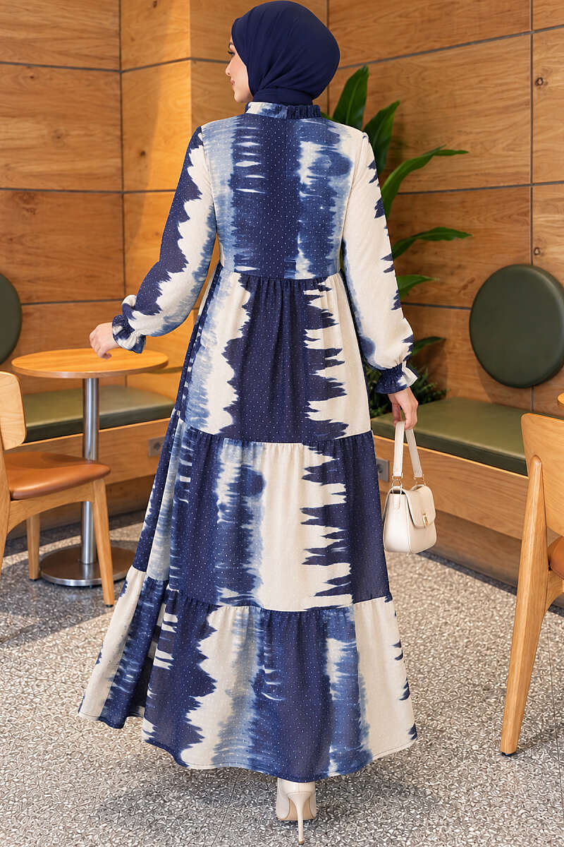 Patterned Dress with Tie Neck - Navy