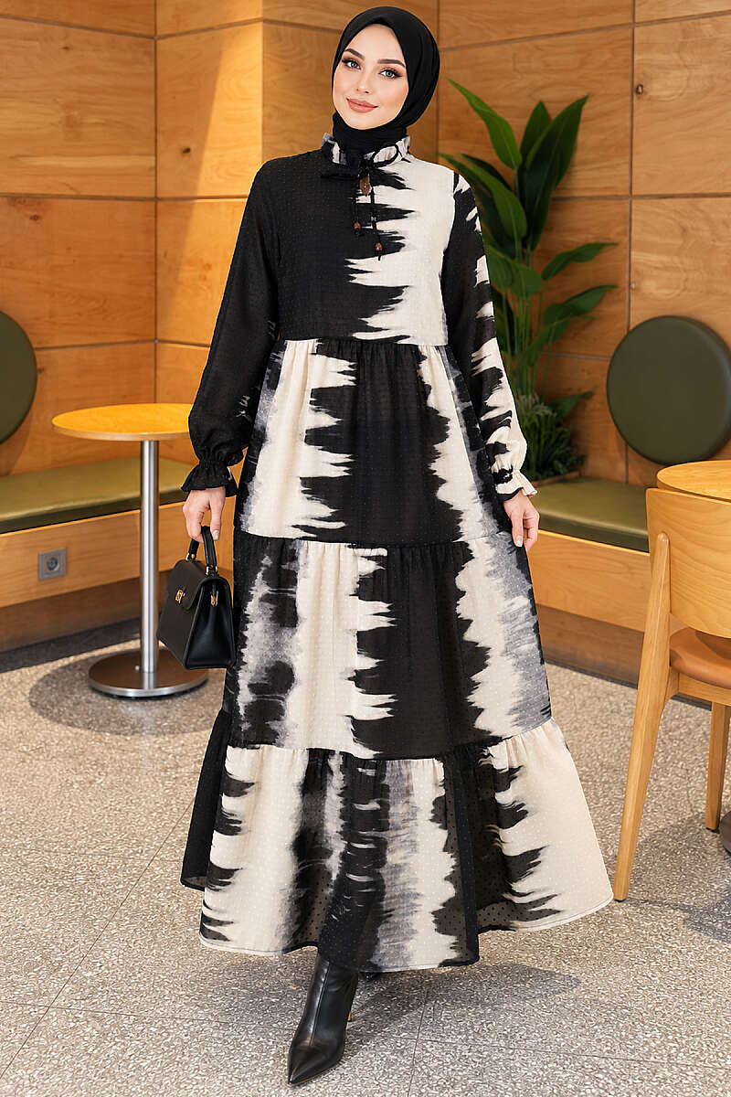 Patterned Dress with Tie Neck - Black