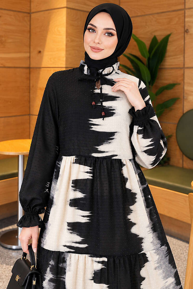 Patterned Dress with Tie Neck - Black
