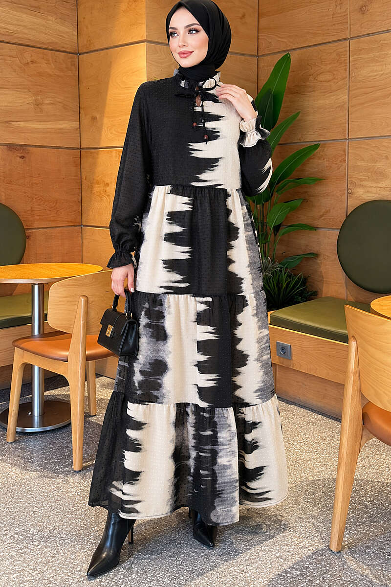 Patterned Dress with Tie Neck - Black